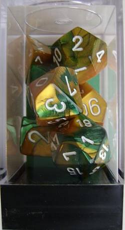 Buy Gemini Gold-Green w/white Polyhedral 7-Die Set in AU New Zealand.